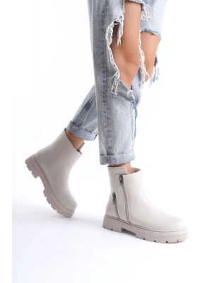 Menta Bej Cilt Fermuar Aksesuarlı Bot