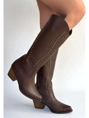 Meof Acı Kahve Cilt Topuklu Çizme