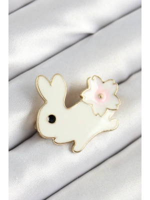 Mineli Çiçek Detaylı Krem Tavşan Figürlü Gold Renk Kadın Broş