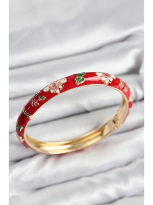 Mineli Pirinç Kırmızı Çiçek Motifli Gold Kadın Kelepçe