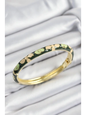 Mineli Pirinç Krem Ve Yeşil Çiçek Motifli Gold Renk Kadın Kelepçe