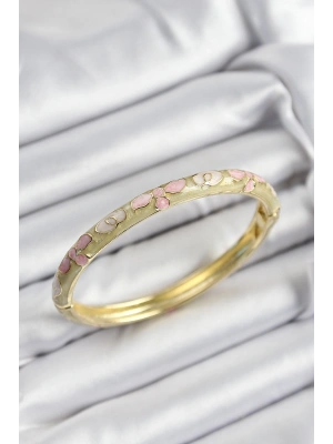 Mineli Pirinç Pembe Hardal Ve Krem Çiçek Motifli Gold Renk Kadın Kelepçe
