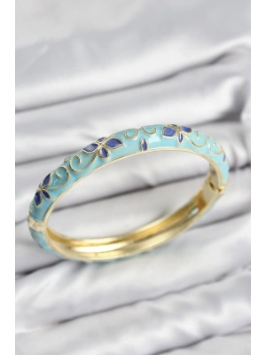 Mineli Pirinç Turkuaz Çiçek Motifli Gold Kadın Kelepçe