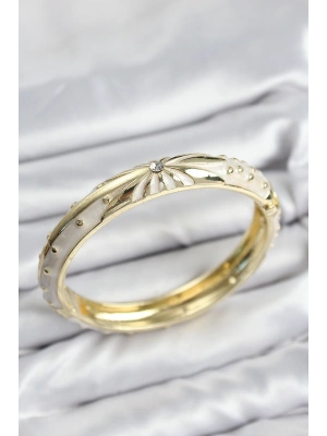 Mineli Pirinç Zirkon Taşlı Bej Desen Motifli Gold Kadın Kelepçe