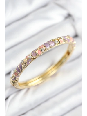 Mineli Pirinç Zirkon Taşlı Pembe Mor Çiçek Motifli Gold Kadın Kelepçe