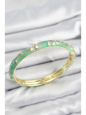 Mineli Pirinç Zirkon Taşlı Yeşil Çiçek Motifli Gold Kadın Kelepçe