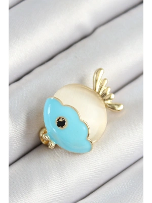 Mineli Turkuaz Ve Krem Balık Figürlü Gold Renk Kadın Broş