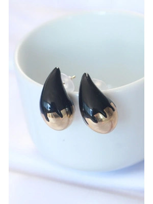 Minimal Siyah Mineli Çift Renk Damla Küpe