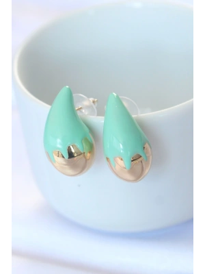 Minimal Turkuaz Mineli Çift Renk Damla Küpe