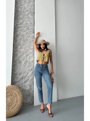 Mom fit bıyık kar yıkama jeans pantolon koyu mavi d2006