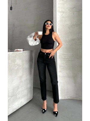 Mom fit enzim bıyıklı taş yıkama jeans pantolon siyah d2006