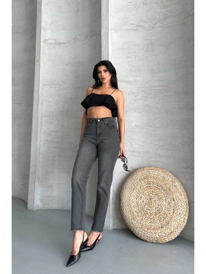 Mom fit enzim taş yıkama jeans pantolon füme d2006