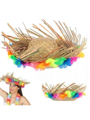 Naturel Renk Püsküllü Örme Hasır Hawaii Luau Aloha Şapka 13x36 cm