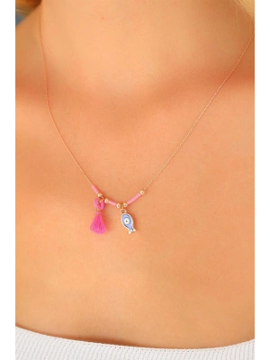 Nazar Boncuklu Pembe Renk Taşlı Rose Bayan Kolye