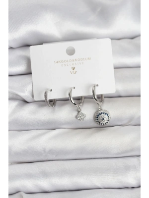 Nazar Model Gümüş Renk Pirinç 3lü Kadın Küpe Seti