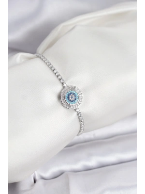 Nazar Model Zirkon Taşlı Gümüş Renk Asansörlü Su Yolu Bileklik