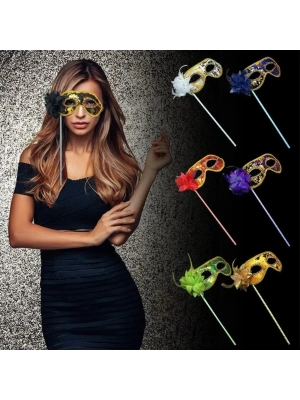 NessiWorld Lüks Taşlı Saplı Maskeli Balo Maskesi Beyaz Renk 35 cm