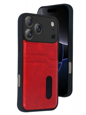 Newface Apple iPhone 17 Pro Max Sara Kartvizitli Deri Kılıf - Kırmızı
