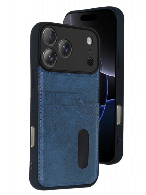 Newface Apple iPhone 17 Pro Sara Kartvizitli Deri Kılıf - Lacivert