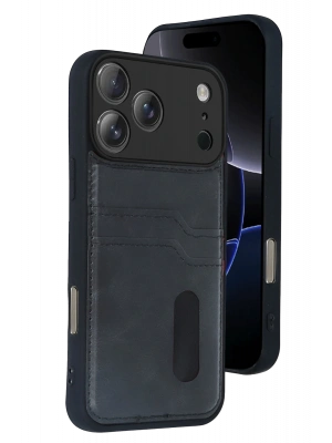 Newface Apple iPhone 17 Pro Sara Kartvizitli Deri Kılıf - Siyah