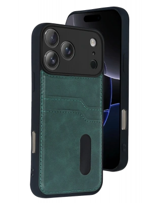 Newface Apple iPhone 17 Pro Sara Kartvizitli Deri Kılıf - Yeşil