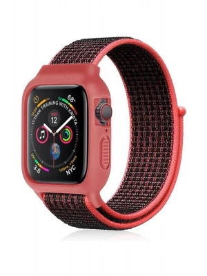 Newface Apple Watch 38mm Hasırlı Cırtcırtlı Kasalı Kordon - Siyah-Pembe