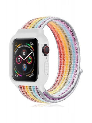 Newface Apple Watch 42mm Hasırlı Cırtcırtlı Kasalı Kordon - Gökkuşağı 2