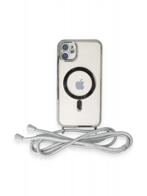 Newface iPhone 11 Kılıf Divo Lazer Askılı Magsafe Kapak - Gümüş