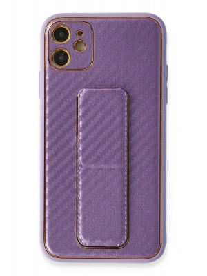 Newface iPhone 12 Kılıf Coco Karbon Standlı Kapak - Mor