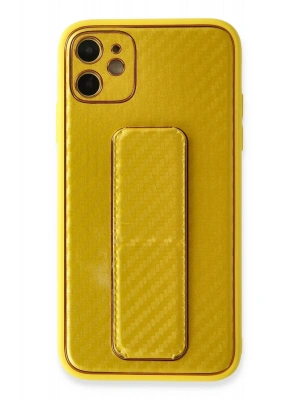 Newface iPhone 12 Kılıf Coco Karbon Standlı Kapak - Sarı
