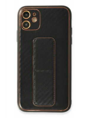 Newface iPhone 12 Kılıf Coco Karbon Standlı Kapak - Siyah