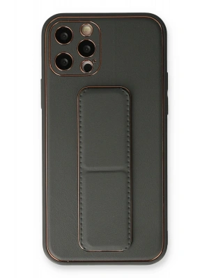 Newface iPhone 12 Pro Kılıf Coco Deri Standlı Kapak - Füme