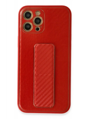 Newface iPhone 12 Pro Kılıf Coco Karbon Standlı Kapak - Kırmızı