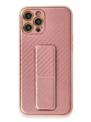 Newface iPhone 12 Pro Kılıf Coco Karbon Standlı Kapak - Pembe