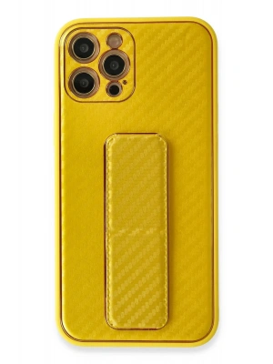 Newface iPhone 12 Pro Max Kılıf Coco Karbon Standlı Kapak - Sarı