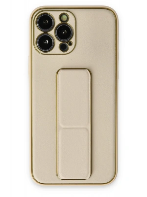 Newface iPhone 13 Pro Kılıf Coco Deri Standlı Kapak - Gold