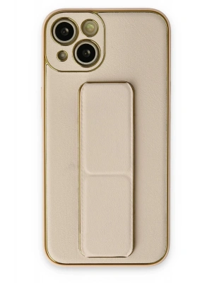 Newface iPhone 14 Plus Kılıf Coco Deri Standlı Kapak - Gold