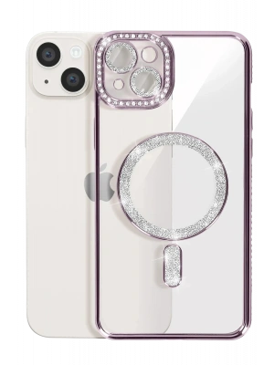 Newface iPhone 15 Kılıf Joke Simli Magneticsafe Kılıf - Derin Mor