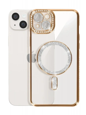 Newface iPhone 15 Kılıf Joke Simli Magneticsafe Kılıf - Gold