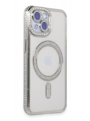 Newface iPhone 15 Kılıf Joke Simli Magneticsafe Kılıf - Gümüş