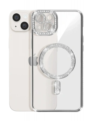 Newface iPhone 15 Kılıf Joke Simli Magneticsafe Kılıf - Gümüş