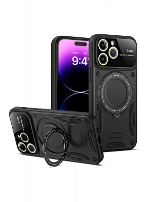 Newface iPhone 15 Pro Kılıf Joy Lens Standlı Kapak - Siyah