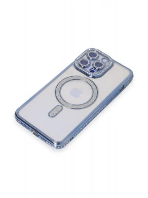 Newface iPhone 15 Pro Max Kılıf Joke Simli Magneticsafe Kılıf - Mavi