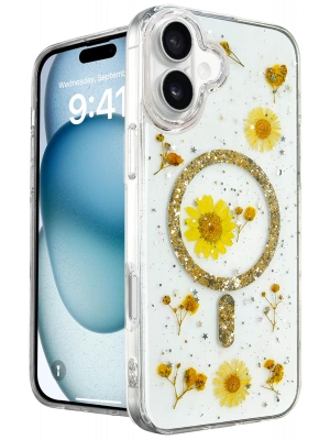 Newface iPhone 16 Kılıf Daisy Simli Magsafe Kapak - Gold