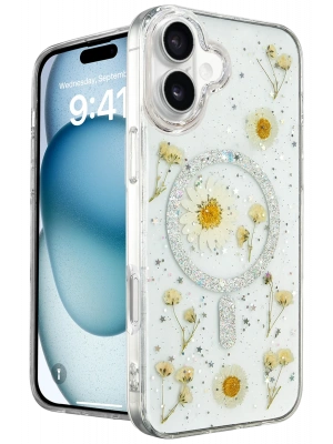 Newface iPhone 16 Kılıf Daisy Simli Magsafe Kapak - Gümüş