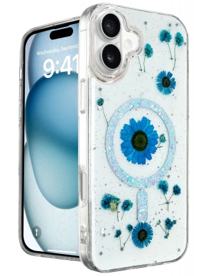 Newface iPhone 16 Kılıf Daisy Simli Magsafe Kapak - Mavi