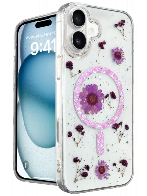 Newface iPhone 16 Kılıf Daisy Simli Magsafe Kapak - Mor