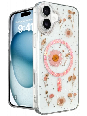 Newface iPhone 16 Kılıf Daisy Simli Magsafe Kapak - Pembe