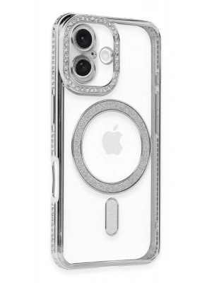 Newface iPhone 16 Kılıf Joke Simli Magneticsafe Kılıf - Gümüş