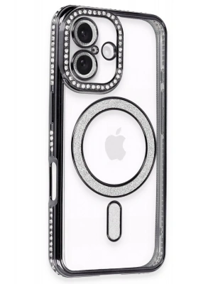 Newface iPhone 16 Kılıf Joke Simli Magneticsafe Kılıf - Siyah